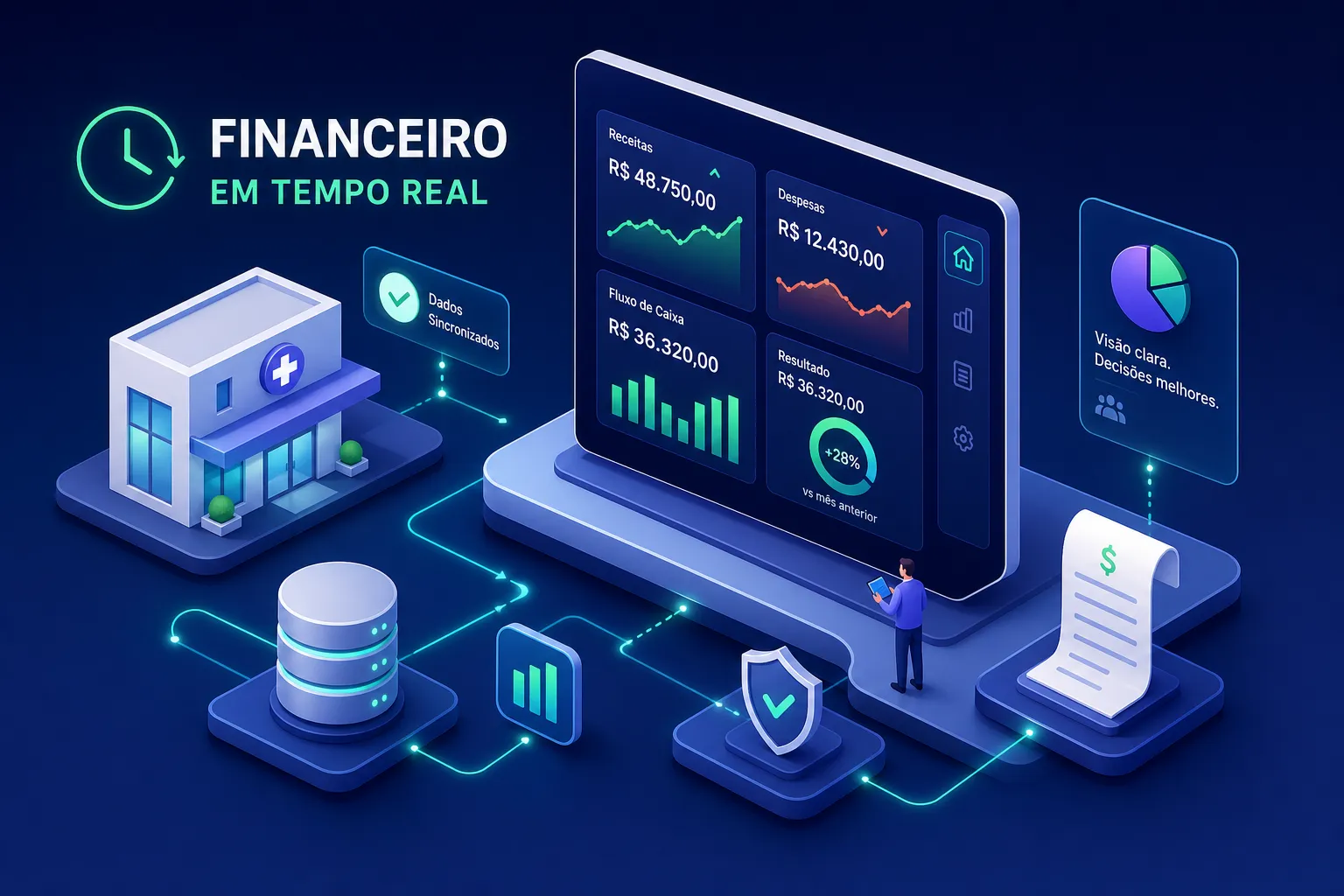 Dashboard financeiro de clínica monitorando ocupação, ticket médio e fluxo de caixa em tempo real.